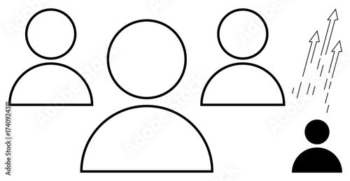 Minimalistic design of a group of three figures and a separate figure with upward arrows. Ideal for leadership, individuality, success, career growth, empowerment, personal development, focus. Simple