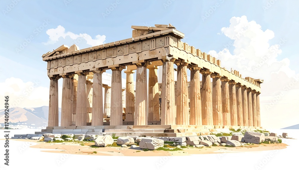 Naklejka premium Stylized, cartoon-like illustration depicting the Parthenon temple on a sunny day with a pale blue sky. It's rendered in simple gradients and outlines
