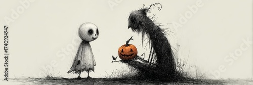 Minimal fine line drawing of a cute ghost and jack-o-lantern on a white background. Simple Halloween illustration with clean outlines and playful charm.
