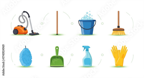 Essential cleaning tools collection for sparkling homes and spotless spaces, perfect for advertising cleaning services and promoting a clean lifestyle