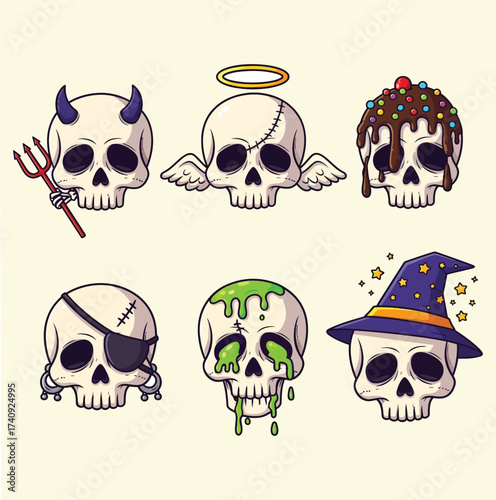 Collection of six unique cartoon skulls with different halloween and fantasy themed accessories isolated on white background