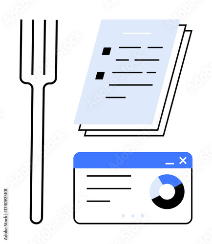 Fork alongside a document resembling a menu and a data webpage with a chart. Ideal for restaurant planning, analytics, strategy, food industry, digital menus, productivity, simple flat metaphor