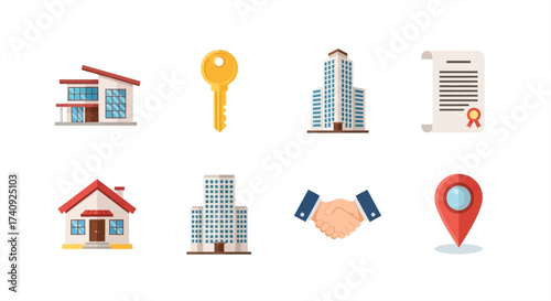 Real estate icon set featuring houses, buildings, a key, handshake, location pin, and contract for property investment and home ownership success
