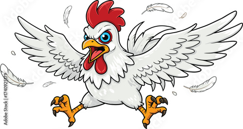 Angry cartoon rooster flying with spread wings and feathers, aggressive chicken mascot illustration, farm animal character showing power and energy