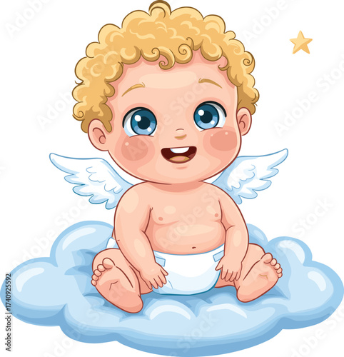 Obraz na plátně Cute baby angel with golden curly hair, white wings, sitting on fluffy blue clou