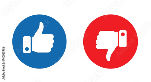 Vector illustration of two social media icons, a blue circle with a white thumbs up and a red circle with a white thumbs down
