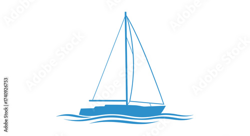 A stylized blue sailboat with billowing sails floats on stylized waves against a white background