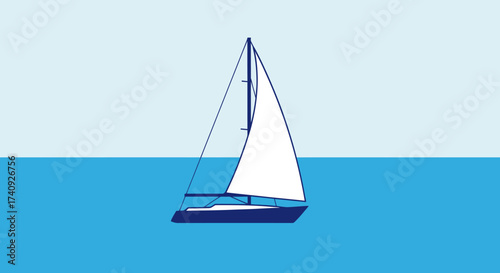 Stylized sailboat with a white sail floats on water, under a light blue sky