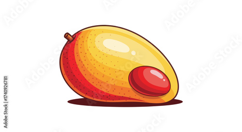 A vibrant, cartoon mango with a red pit, depicted with gradient shading and a subtle shadow
