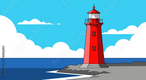 Vector illustration of a red lighthouse on a rocky coast under a blue sky with clouds