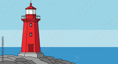 A red lighthouse stands on a rocky coast, overlooking the blue sea and sky