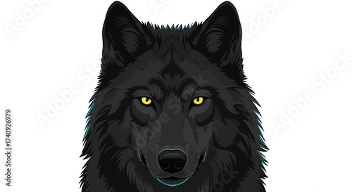 A stylized illustration depicts a direct frontal view of a black wolf's face with vibrant yellow eyes