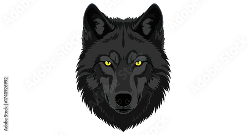 A close-up portrait features a black wolf's head with striking yellow eyes, set against a white backdrop