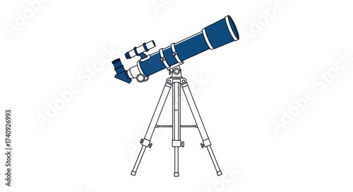 An illustrated telescope, featuring a blue body and white tripod, set against a clean white background