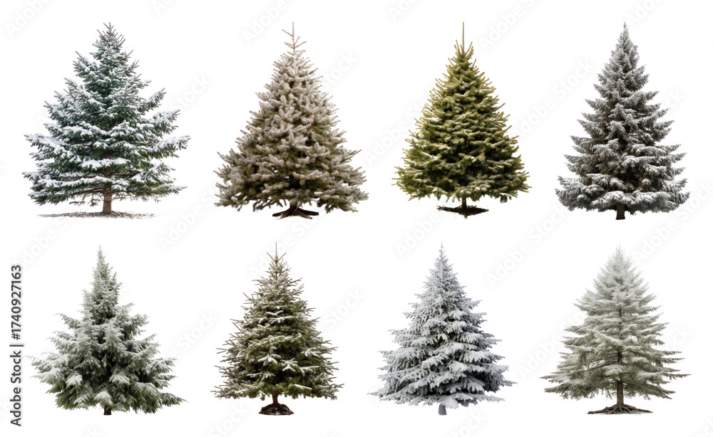 Obraz premium PNG Diverse snowy evergreen trees, element set on transparent background