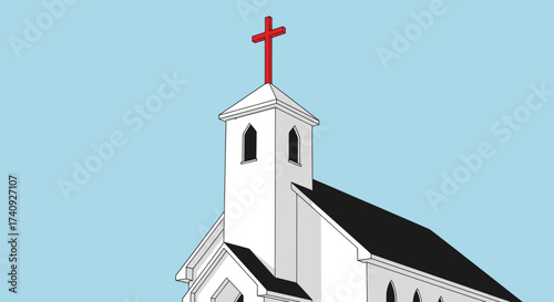 Vector-style illustration depicts a white church with a red cross atop its steeple, against blue sky