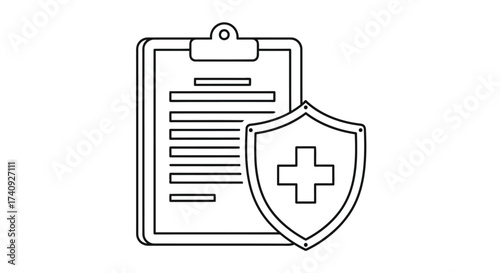 Vector illustration of a simple black and white line drawing of a clipboard with a document and a shield icon with a medical cross, representing healthcare and insurance