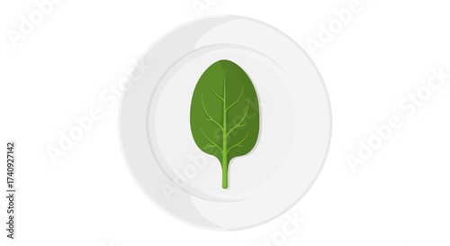 A fresh green spinach leaf rests atop a plain white plate in a simple flat illustration style