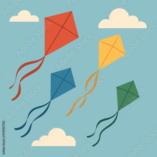 Kite collection illustration in colorful design on sky background with copy space