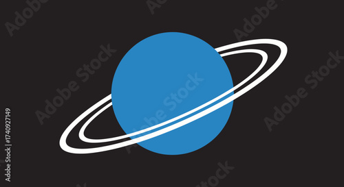 A blue planet with white rings on a black background, minimalist style. Simple illustration
