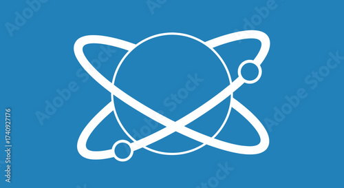 White atom symbol on a blue background, evoking science and technology