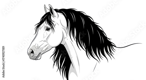 A grayscale illustration of a horse's head and part of its body, with flowing black mane and tail