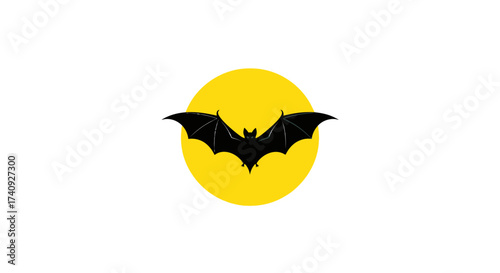 A black bat silhouette flying in front of a large yellow circle against a white background
