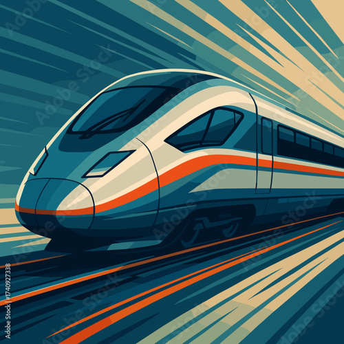 High-speed train illustration in dynamic style showcasing speed and modern transportation