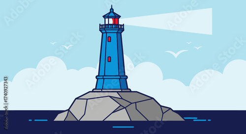 A blue cartoon lighthouse on a rocky island, with clouds, sea, and birds. A light shines