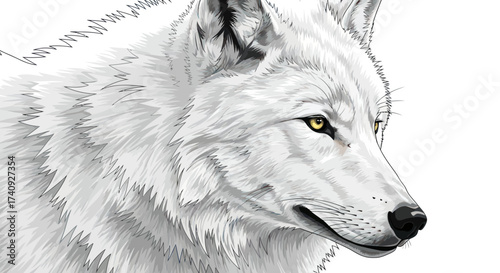 A detailed close-up illustration of a white wolf's head, fur and eyes, on a white background