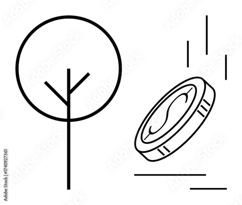Coin falling beside a stylized tree, representing financial growth, sustainability, and nature investment. Ideal for finance, sustainability, eco-business, environmental strategy, progress