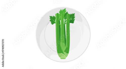 A bundle of green celery sits on a simple white plate, presented against a clean, white background