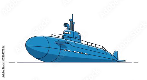 A blue cartoon submarine in profile, with a conning tower, periscope, and other details