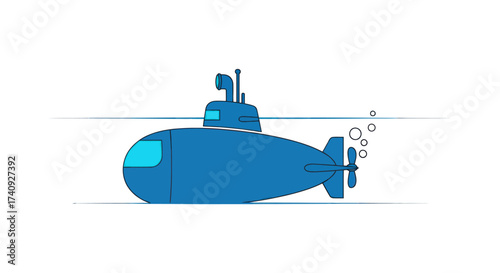 A cartoon submarine under water, with bubbles rising from the stern. A periscope protrudes upwards