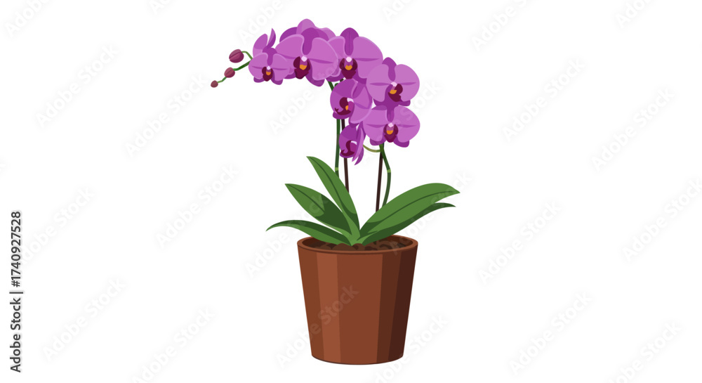 Naklejka premium A cartoon illustration of a purple orchid plant in a brown pot against a white background