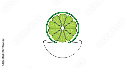 A stylized lime slice rests atop a white bowl, set against a plain, light background