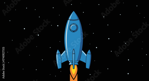 A blue rocket blasts off into space against a starry night sky, with a flame at the base