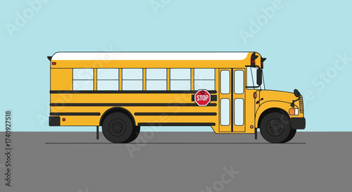 A side view illustration of a classic yellow school bus with stop sign, against a blue sky