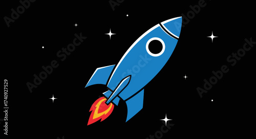 A cartoon rocket ascends amidst stars against a black backdrop. Engine glows with flames