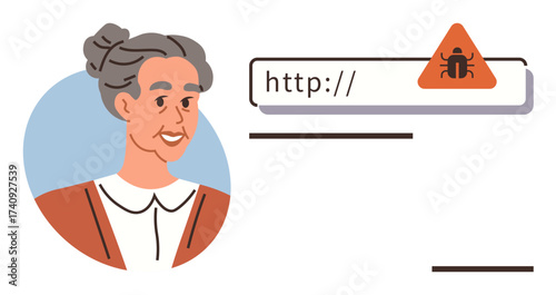 Elderly woman next to browser URL bar highlighting malware alert, emphasizing online safety. Ideal for cybersecurity, aging population security, online scams, internet safety, digital literacy