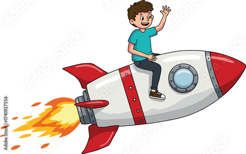 Happy cartoon boy flying on rocket in space, cheerful adventure illustration, science fiction concept, childhood dream, white background art