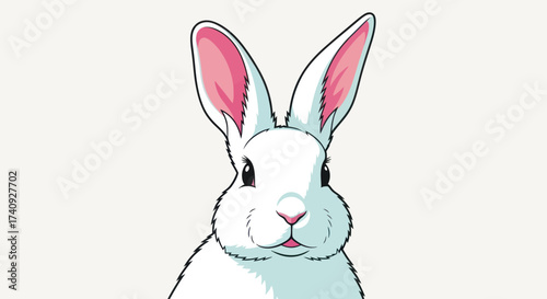 A cartoon illustration of a white rabbit with long ears and pink inner ears, on a light background
