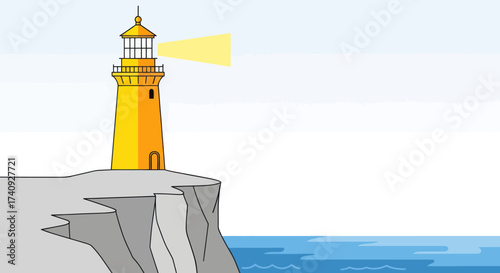 Animated cartoon of a yellow lighthouse on a cliff, shining its beam over water