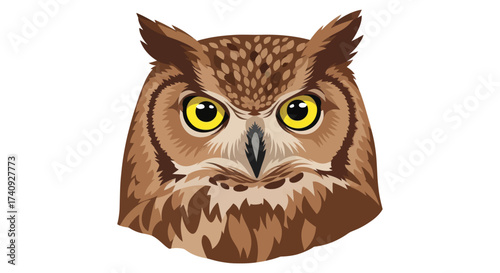 A detailed, close-up, digital illustration of an owl's face, set against a blank, white background