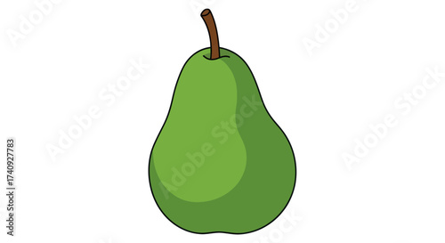 A cartoon illustration of a green pear with a brown stem, set against a white background