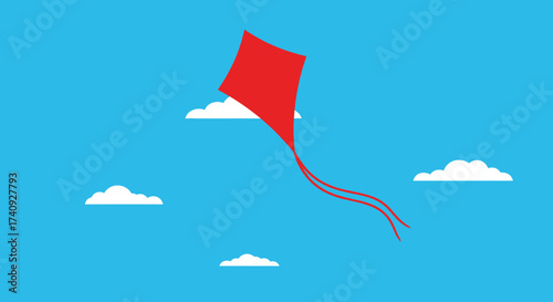 A red kite with two red tails soars amidst white clouds against a bright blue sky