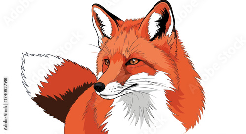 A vibrant illustration of a red fox, with detailed fur and bright orange eyes against white