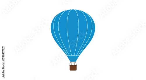 A vector graphic of a blue hot air balloon with white vertical lines and a brown basket