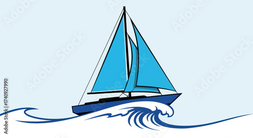 A sailboat with turquoise sails cuts through stylized waves on a light-blue background