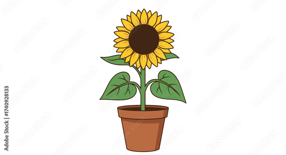 Obraz premium A cartoon drawing of a sunflower in a pot. The flower is blooming with yellow petals